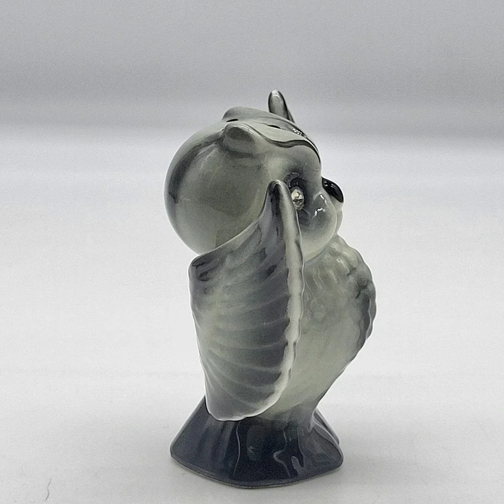 Vintage Enesco Japan MCM Owl Salt Pepper Shakers Gray Black Rhinestone Eyes